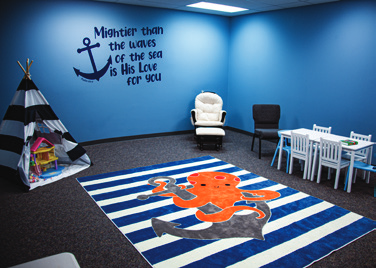 Living Hope's Children's Church room with octopus rug and reading teepee